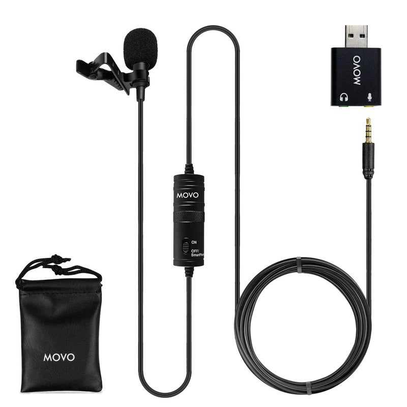 Movo LV1-USB Lavalier Microphone for Camera, Lapel for iPhone and Android Smartphones, Body Lav Mic, Clip On Microphone for 3.5mm, Shirt Lapel Mic for Phone, GoPro, Interview, Computer, PC - Image 1